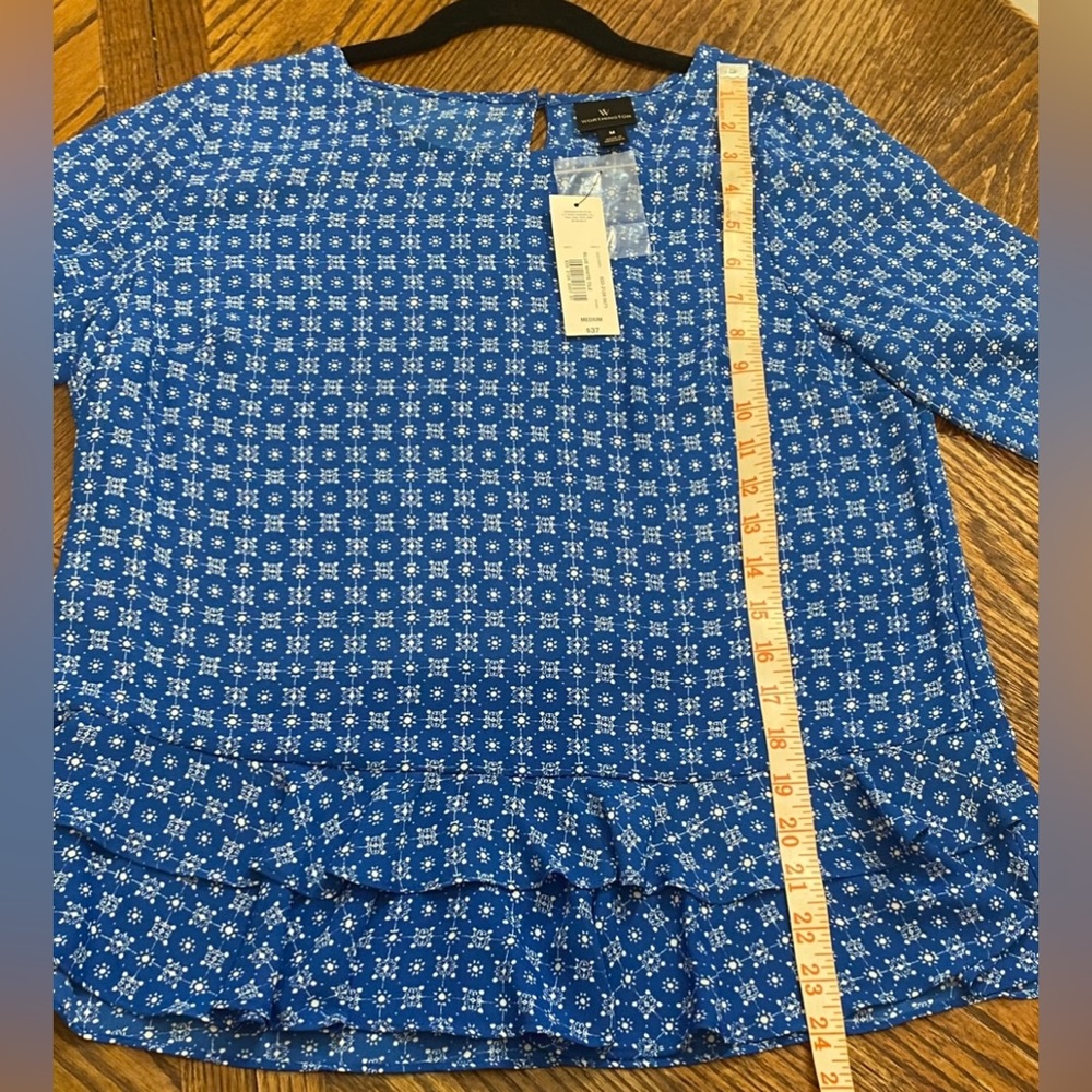 Worthington NWT White Blue Tile Blouse with Bell Ruffle Long Sleeve Size Medium - Picture 3 of 5